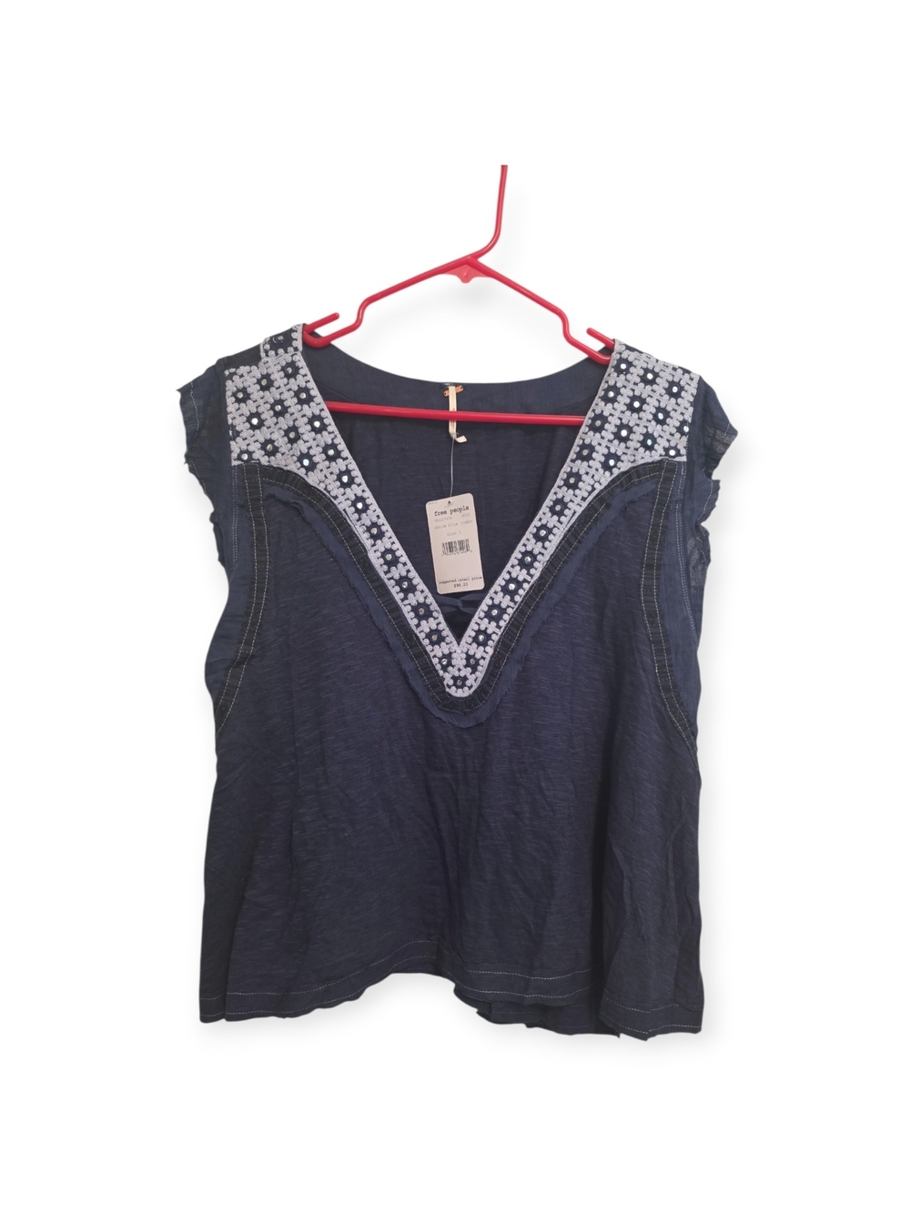 Women's NWT Free People denim blue, embroidered flowy top, size large